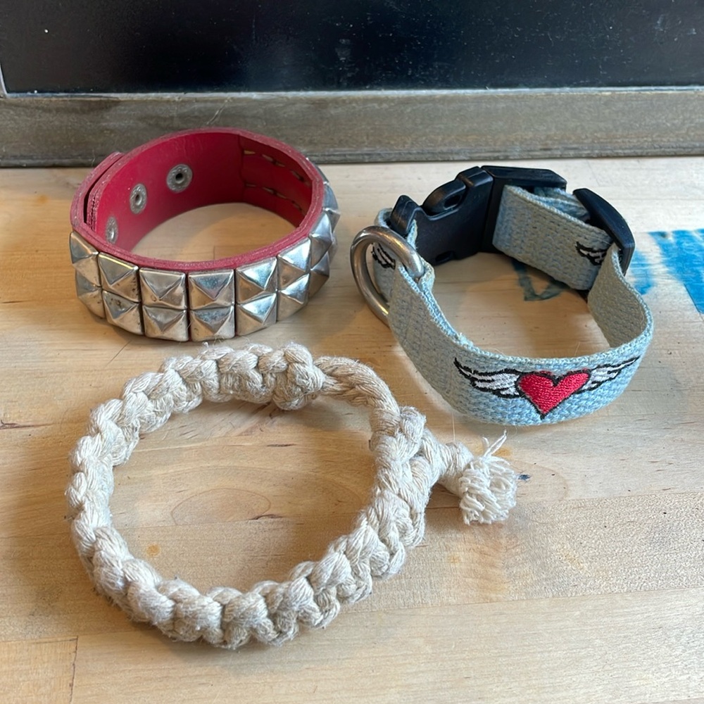 Summer fun bracelet trio. Vegan leather spikes, dog collar style, macrame, set 3